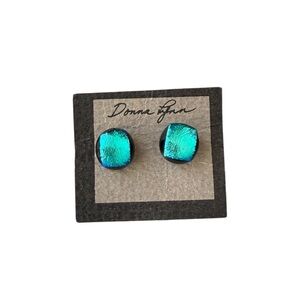 Vintage Donna Lynn Fused Glass Stud Earrings Teal Blue Artisan Made
